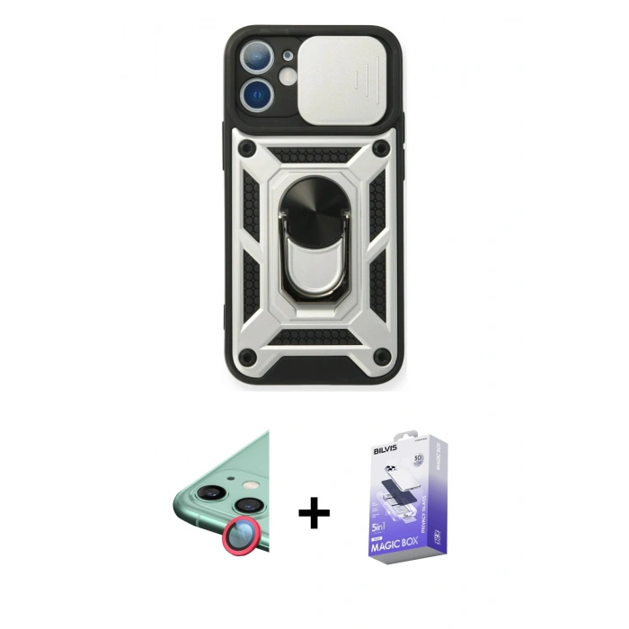 MARSİLYAN™- iPhone 11 Kılıf Ahenk Klasik - Siyah Bilvis 5in1 5D Magic Hayalet Cam Ekran Koruyucu + Raze Metal Kamera Lens - KI