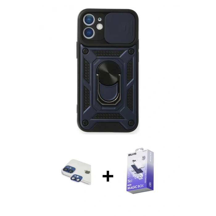 MARSİLYAN™- iPhone 11 Kılıf Ahenk Klasik - Siyah Bilvis 5in1 5D Magic Hayalet Cam Ekran Koruyucu + Pers Alüminyum Kamera Lens - LT