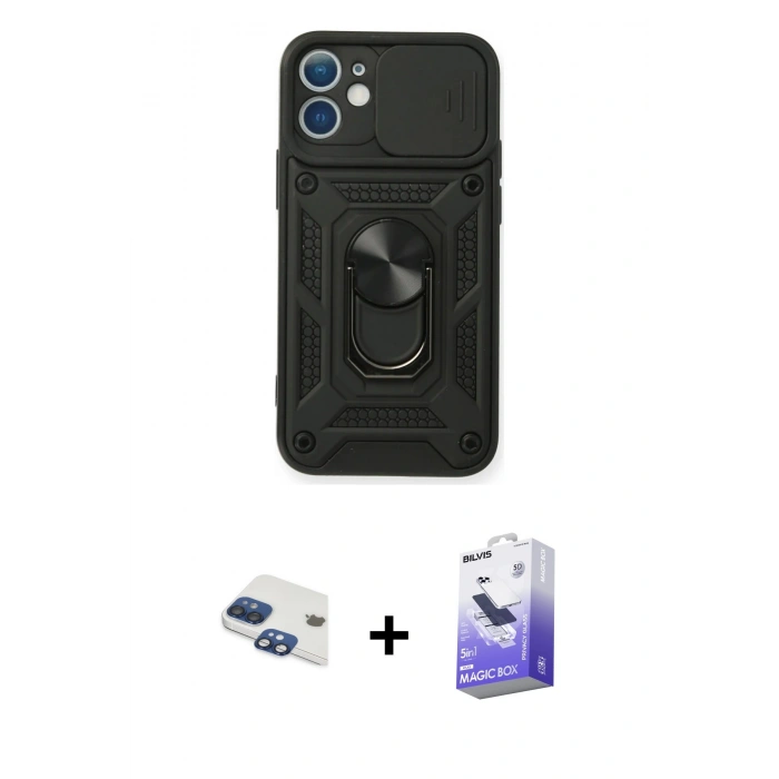MARSİLYAN™- iPhone 11 Kılıf Ahenk Klasik - Siyah Bilvis 5in1 5D Magic Hayalet Cam Ekran Koruyucu + Pers Alüminyum Kamera Lens - LT