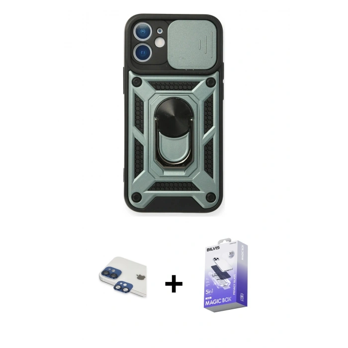 MARSİLYAN™- iPhone 11 Kılıf Ahenk Klasik - Siyah Bilvis 5in1 5D Magic Hayalet Cam Ekran Koruyucu + Pers Alüminyum Kamera Lens - LT