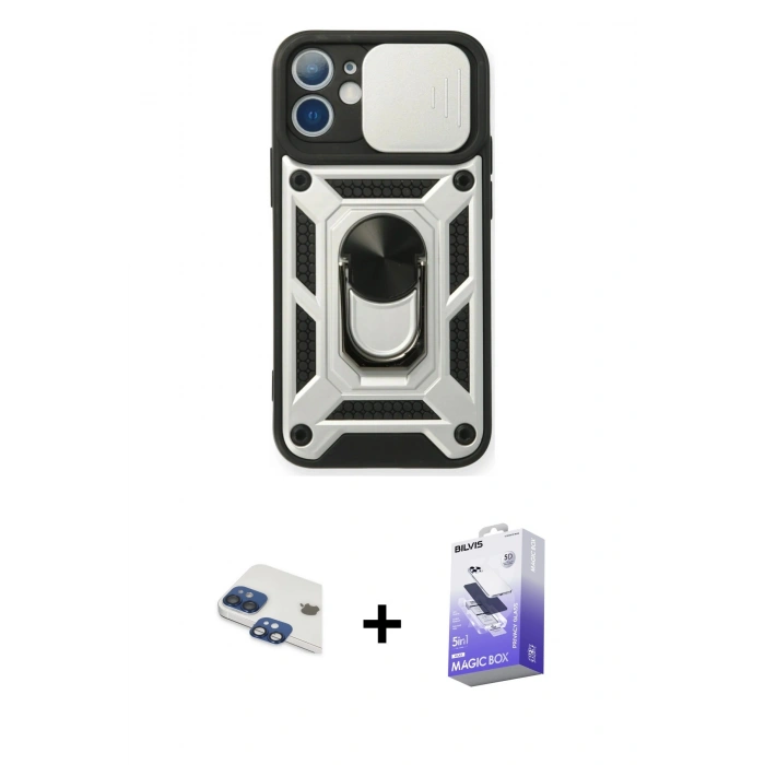 MARSİLYAN™- iPhone 11 Kılıf Ahenk Klasik - Siyah Bilvis 5in1 5D Magic Hayalet Cam Ekran Koruyucu + Pers Alüminyum Kamera Lens - LT