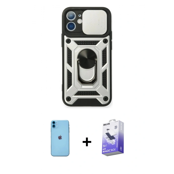 MARSİLYAN™- iPhone 11 Kılıf Ahenk Klasik - Siyah Bilvis 5in1 5D Magic Hayalet Cam Ekran Koruyucu + Mavi Neon Fosforlu Kamera Lens