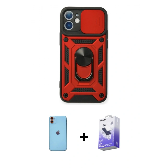 MARSİLYAN™- iPhone 11 Kılıf Ahenk Klasik - Siyah Bilvis 5in1 5D Magic Hayalet Cam Ekran Koruyucu + Neon Fosforlu Kamera Lens - TU