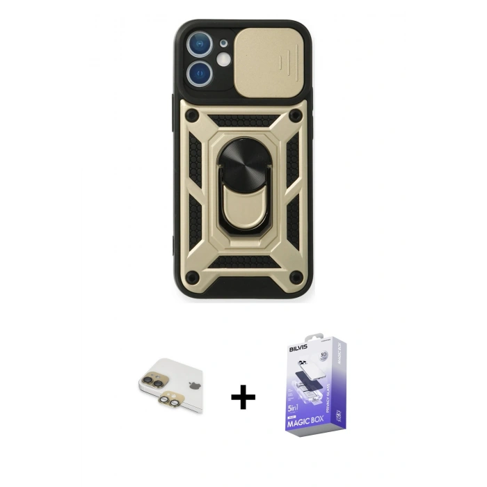 MARSİLYAN™- iPhone 11 Kılıf Ahenk Klasik - Siyah Bilvis 5in1 5D Magic Hayalet Cam Ekran Koruyucu + Pers Alüminyum Kamera Lens - GD