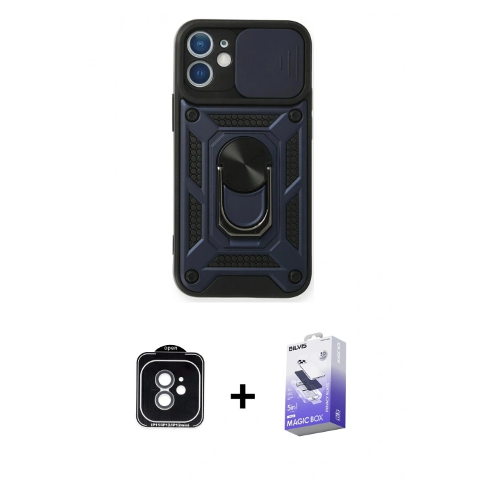MARSİLYAN™- iPhone 11 Kılıf Ahenk Klasik - Siyah Bilvis 5in1 5D Magic Hayalet Cam Ekran Koruyucu + PVD Metal Kamera Lens - YL