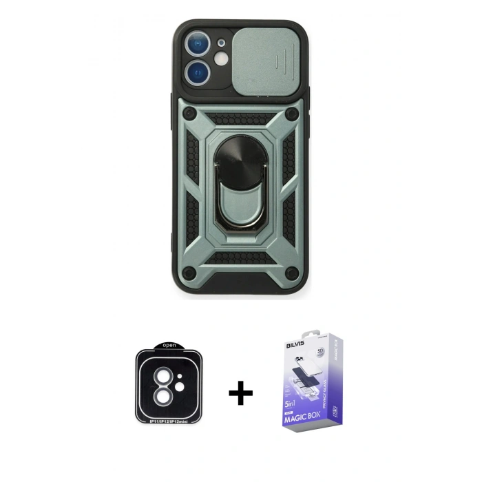 MARSİLYAN™- iPhone 11 Kılıf Ahenk Klasik - Siyah Bilvis 5in1 5D Magic Hayalet Cam Ekran Koruyucu + PVD Metal Kamera Lens - YL
