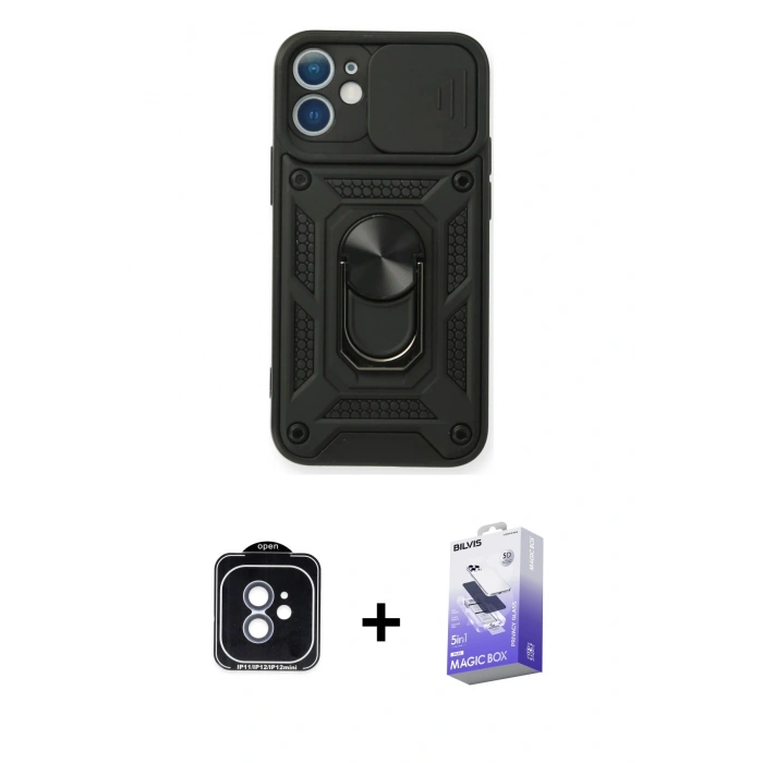 MARSİLYAN™- iPhone 11 Kılıf Ahenk Klasik - Siyah Bilvis 5in1 5D Magic Hayalet Cam Ekran Koruyucu + PVD Metal Kamera Lens - MI
