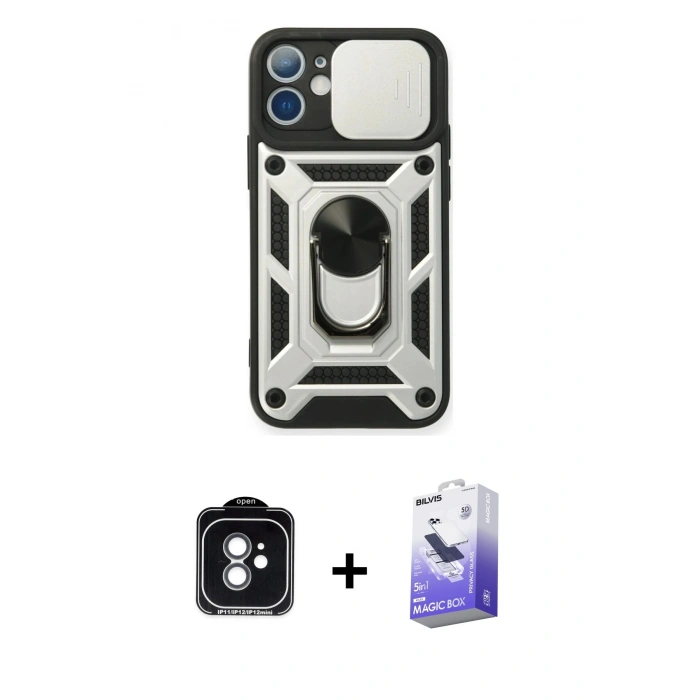 MARSİLYAN™- iPhone 11 Kılıf Ahenk Klasik - Siyah Bilvis 5in1 5D Magic Hayalet Cam Ekran Koruyucu + PVD Metal Kamera Lens - YL