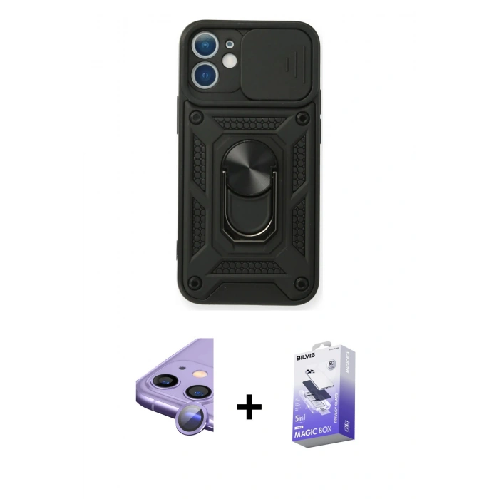 MARSİLYAN™- iPhone 11 Kılıf Ahenk Klasik - Siyah Bilvis 5in1 5D Magic Hayalet Cam Ekran Koruyucu + Raze Metal Kamera Lens - MR