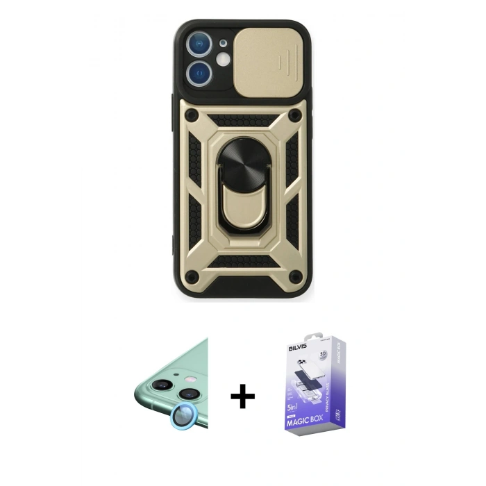 MARSİLYAN™- iPhone 11 Kılıf Ahenk Klasik - Siyah Bilvis 5in1 5D Magic Hayalet Cam Ekran Koruyucu + Raze Metal Kamera Lens - MI