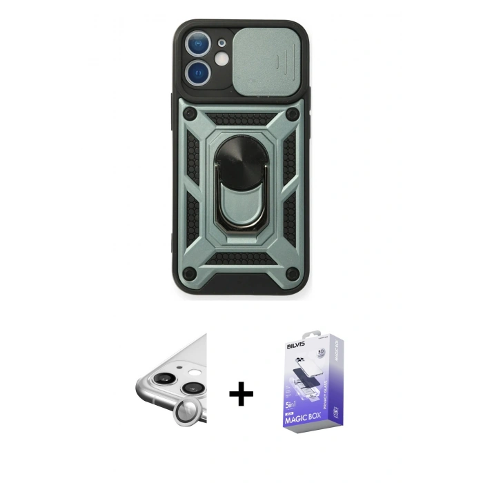 MARSİLYAN™- iPhone 11 Kılıf Ahenk Klasik - Siyah Bilvis 5in1 5D Magic Hayalet Cam Ekran Koruyucu + Raze Metal Kamera Lens - GS