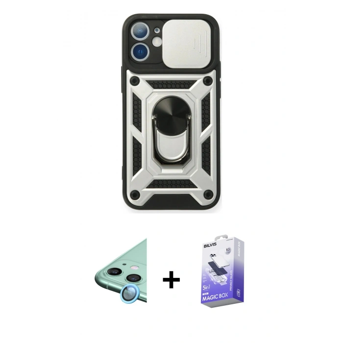 MARSİLYAN™- iPhone 11 Kılıf Ahenk Klasik - Siyah Bilvis 5in1 5D Magic Hayalet Cam Ekran Koruyucu + Raze Metal Kamera Lens - MI