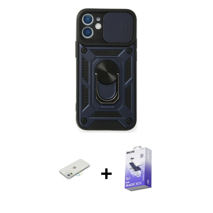 MARSİLYAN™- iPhone 11 Kılıf Ahenk Klasik - Siyah Bilvis 5in1 5D Magic Hayalet Cam Ekran Koruyucu + Renkli Kamera Lens Koruma Cam - SI