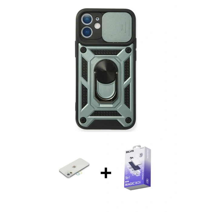 MARSİLYAN™- iPhone 11 Kılıf Ahenk Klasik - Siyah Bilvis 5in1 5D Magic Hayalet Cam Ekran Koruyucu + Renkli Kamera Lens Koruma Cam - SI