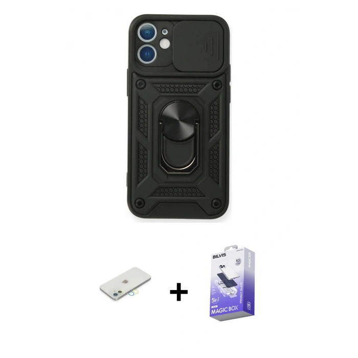 MARSİLYAN™- iPhone 11 Kılıf Ahenk Klasik - Siyah Bilvis 5in1 5D Magic Hayalet Cam Ekran Koruyucu + Renkli Kamera Lens Koruma Cam - SI