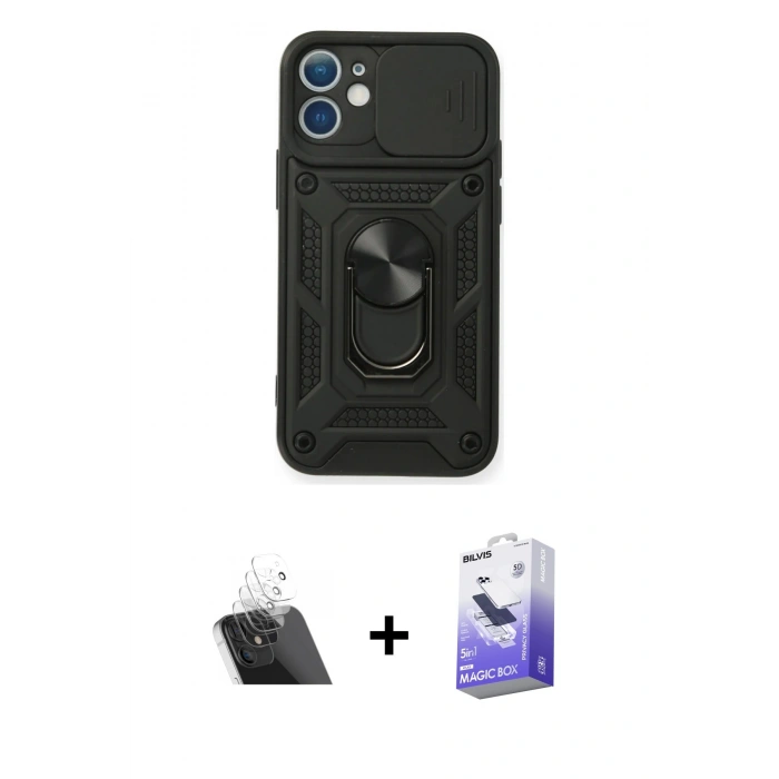 MARSİLYAN™- iPhone 11 Kılıf Ahenk Klasik - Siyah Bilvis 5in1 5D Magic Hayalet Cam Ekran Koruyucu + Kamera Lens Koruma Cam - SF