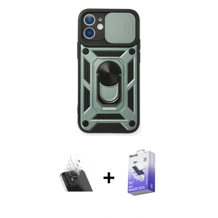 MARSİLYAN™- iPhone 11 Kılıf Ahenk Klasik - Siyah Bilvis 5in1 5D Magic Hayalet Cam Ekran Koruyucu + Kamera Lens Koruma Cam - SF