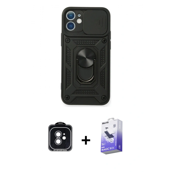 MARSİLYAN™- iPhone 11 Kılıf Ahenk Klasik - Siyah Bilvis 5in1 5D Magic Hayalet Cam Ekran Koruyucu + PVD Metal Kamera Lens - SH