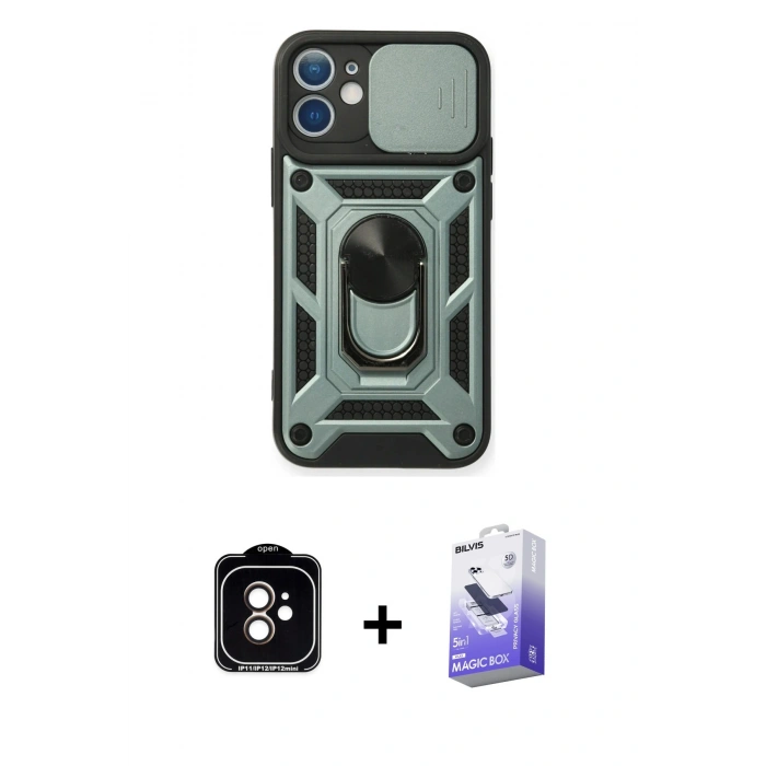 MARSİLYAN™- iPhone 11 Kılıf Ahenk Klasik - Siyah Bilvis 5in1 5D Magic Hayalet Cam Ekran Koruyucu + PVD Metal Kamera Lens - TU
