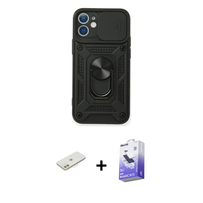 MARSİLYAN™- iPhone 11 Kılıf Ahenk Klasik - Siyah Bilvis 5in1 5D Magic Hayalet Cam Ekran Koruyucu + Renkli Kamera Lens Koruma Cam - TU