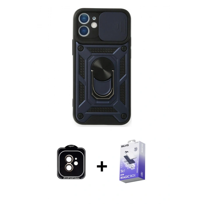 MARSİLYAN™- iPhone 11 Kılıf Ahenk Klasik - Siyah Bilvis 5in1 5D Magic Hayalet Cam Ekran Koruyucu + PVD Metal Kamera Lens - TU