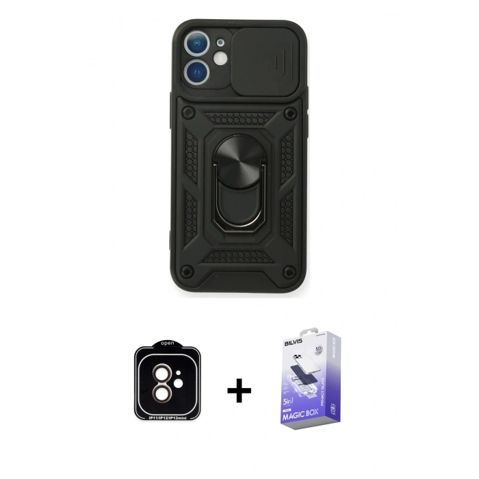 MARSİLYAN™- iPhone 11 Kılıf Ahenk Klasik - Siyah Bilvis 5in1 5D Magic Hayalet Cam Ekran Koruyucu + PVD Metal Kamera Lens - TU