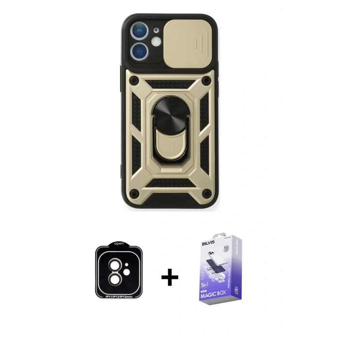MARSİLYAN™- iPhone 11 Kılıf Ahenk Klasik - Siyah Bilvis 5in1 5D Magic Hayalet Cam Ekran Koruyucu + PVD Metal Kamera Lens - TU