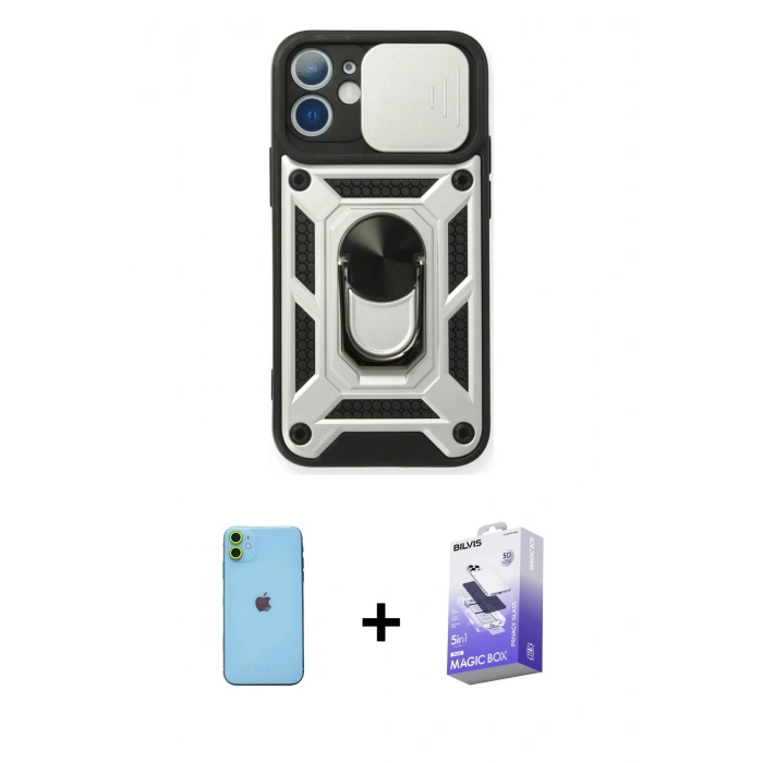 MARSİLYAN™- iPhone 11 Kılıf Ahenk Klasik - Siyah Bilvis 5in1 5D Magic Hayalet Cam Ekran Koruyucu + Neon Fosforlu Kamera Lens - YL