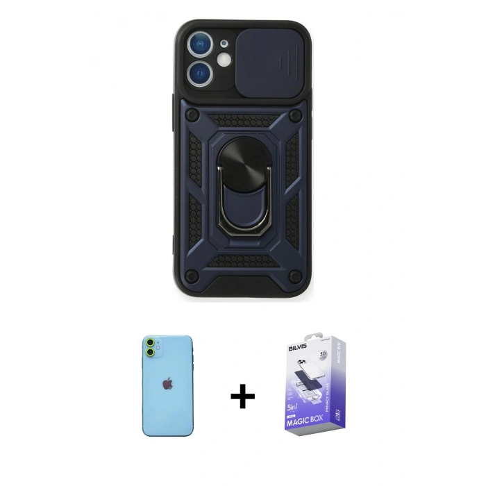 MARSİLYAN™- iPhone 11 Kılıf Ahenk Klasik - Siyah Bilvis 5in1 5D Magic Hayalet Cam Ekran Koruyucu + Neon Fosforlu Kamera Lens - YL