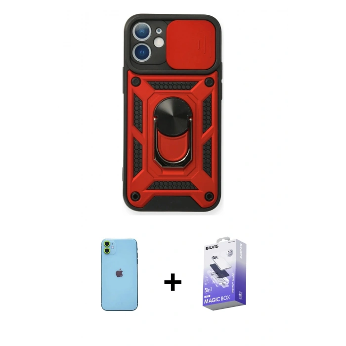 MARSİLYAN™- iPhone 11 Kılıf Ahenk Klasik - Siyah Bilvis 5in1 5D Magic Hayalet Cam Ekran Koruyucu + Neon Fosforlu Kamera Lens - YL