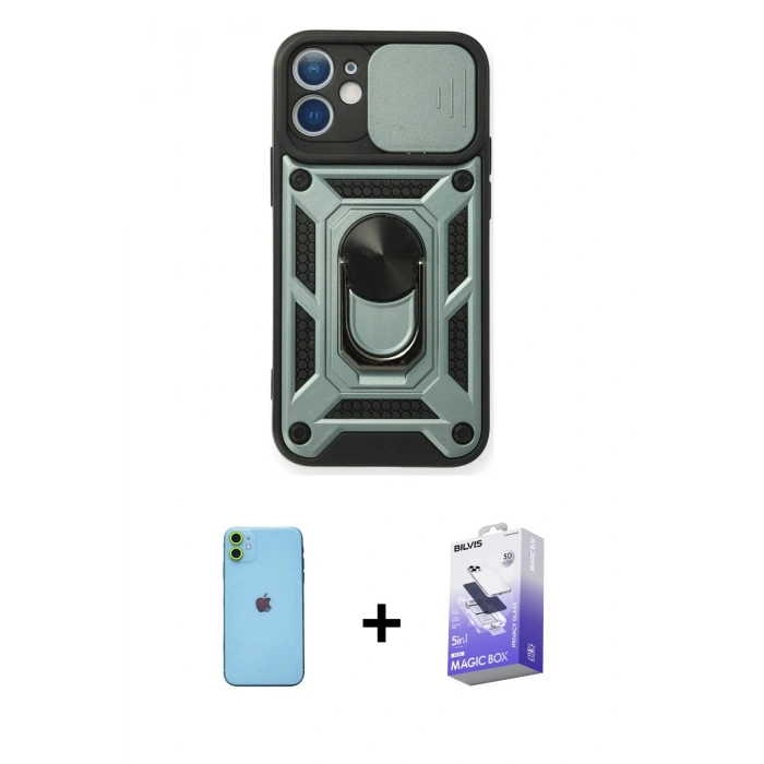 MARSİLYAN™- iPhone 11 Kılıf Ahenk Klasik - Siyah Bilvis 5in1 5D Magic Hayalet Cam Ekran Koruyucu + Neon Fosforlu Kamera Lens - YL
