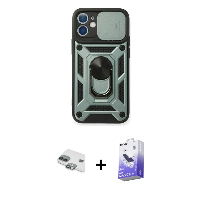 MARSİLYAN™- iPhone 11 Kılıf Ahenk Klasik - Siyah Bilvis 5in1 5D Magic Hayalet Cam Ekran Koruyucu + Pers Alüminyum Kamera Lens - YL