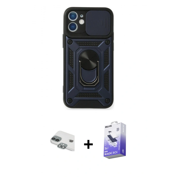 MARSİLYAN™- iPhone 11 Kılıf Ahenk Klasik - Siyah Bilvis 5in1 5D Magic Hayalet Cam Ekran Koruyucu + Pers Alüminyum Kamera Lens - YL