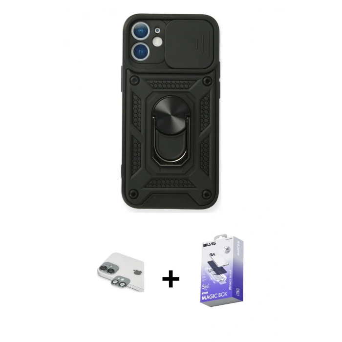 MARSİLYAN™- iPhone 11 Kılıf Ahenk Klasik - Siyah Bilvis 5in1 5D Magic Hayalet Cam Ekran Koruyucu + Pers Alüminyum Kamera Lens - YL