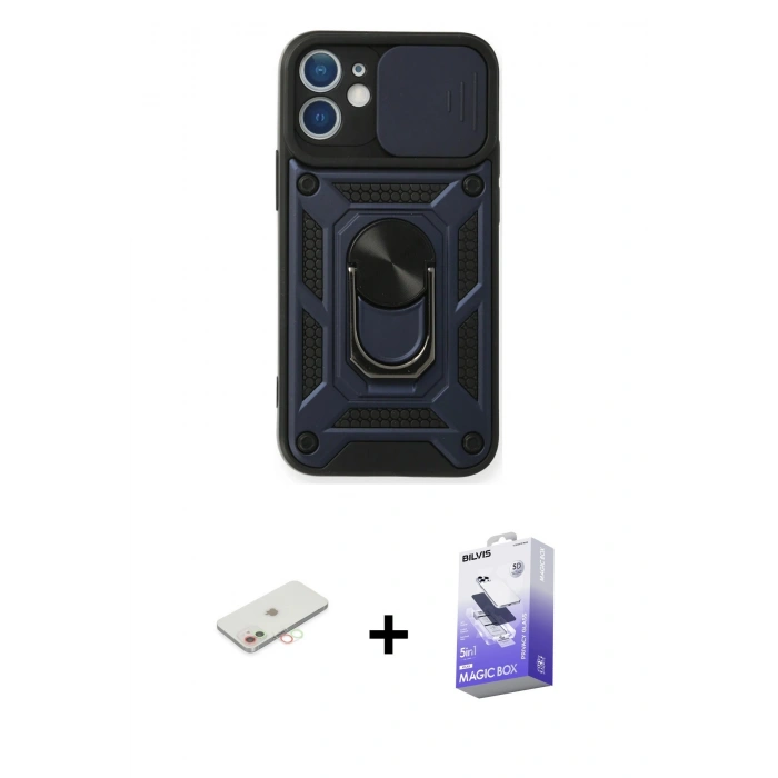 MARSİLYAN™- iPhone 11 Kılıf Ahenk Klasik - Siyah Bilvis 5in1 5D Magic Hayalet Cam Ekran Koruyucu + Renkli Kamera Lens Koruma Cam - YL