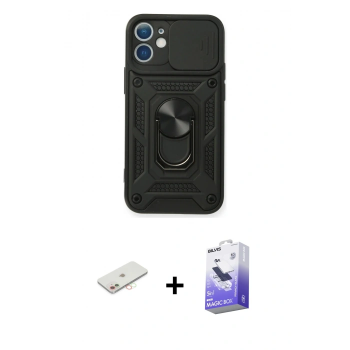 MARSİLYAN™- iPhone 11 Kılıf Ahenk Klasik - Siyah Bilvis 5in1 5D Magic Hayalet Cam Ekran Koruyucu + Renkli Kamera Lens Koruma Cam - YL