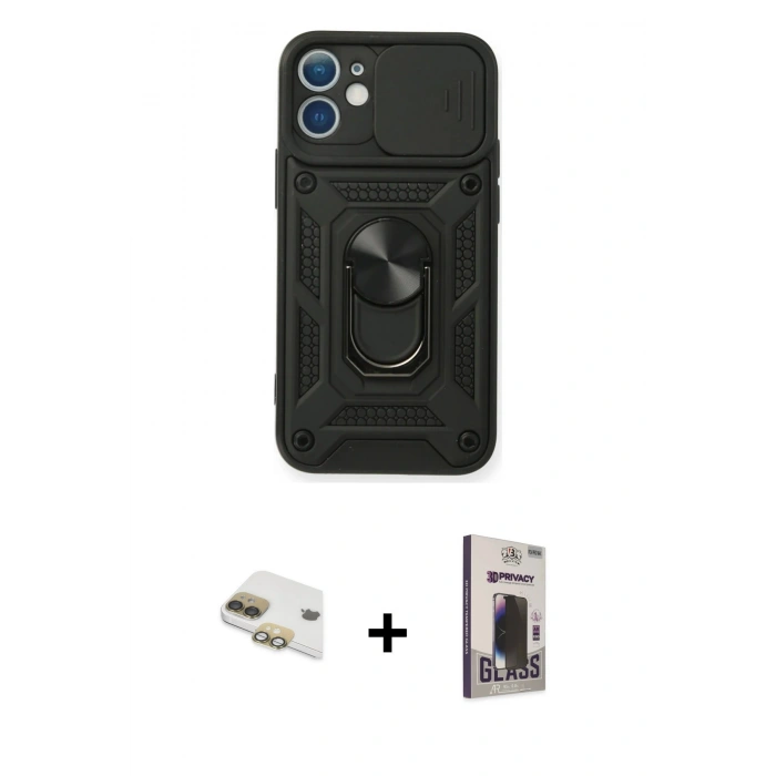 MARSİLYAN™- iPhone 11 Kılıf Ahenk Klasik - Siyah Bilvis Hayalet Cam Ekran Koruyucu + Pers Alüminyum Kamera Lens - GD