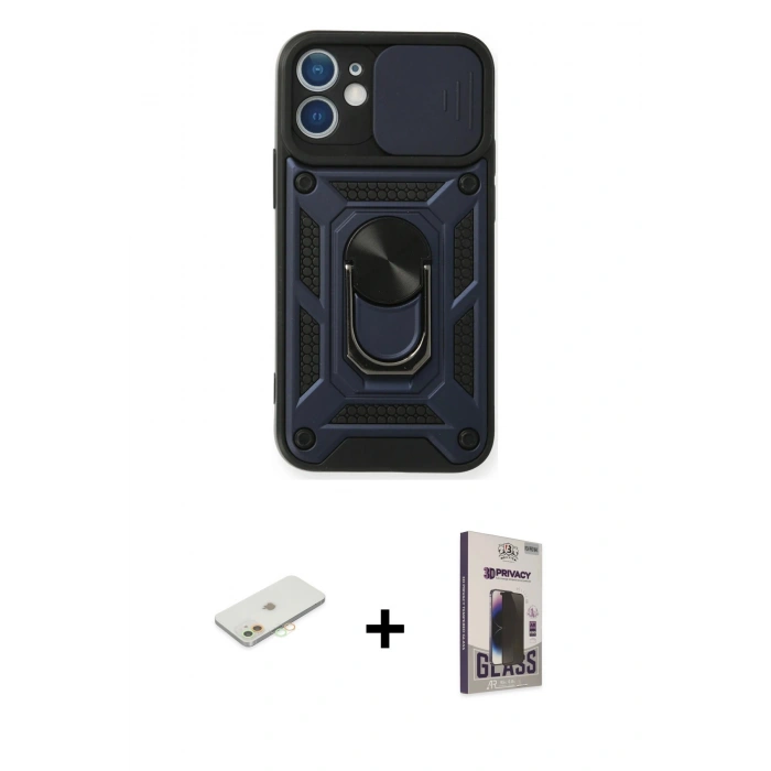 MARSİLYAN™- iPhone 11 Kılıf Ahenk Klasik - Siyah Bilvis Hayalet Cam Ekran Koruyucu + Renkli Kamera Lens Koruma Cam - TU