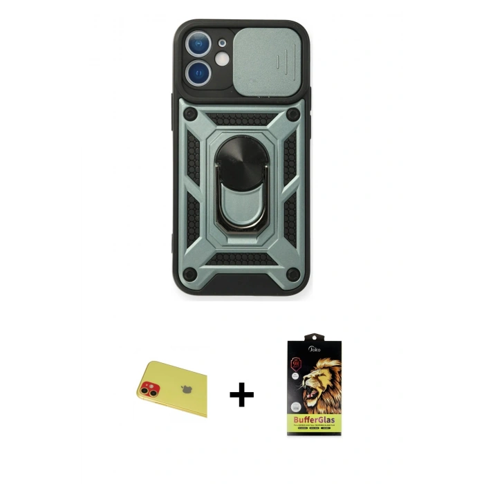 MARSİLYAN™- iPhone 11 Kılıf Ahenk Klasik - Siyah Buffer Cam Ekran Koruyucu + Rainbow Kamera Lens Koruma Cam - KI