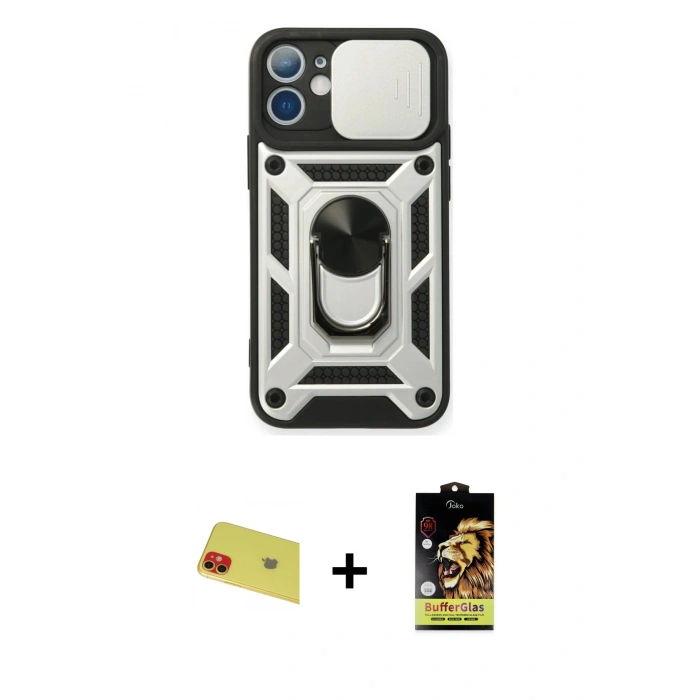 MARSİLYAN™- iPhone 11 Kılıf Ahenk Klasik - Siyah Buffer Cam Ekran Koruyucu + Rainbow Kamera Lens Koruma Cam - KI