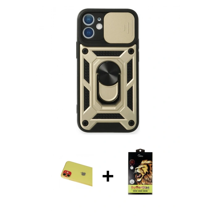 MARSİLYAN™- iPhone 11 Kılıf Ahenk Klasik - Siyah Buffer Cam Ekran Koruyucu + Rainbow Kamera Lens Koruma Cam - KI