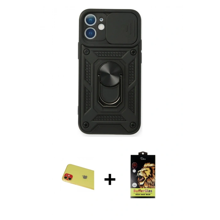 MARSİLYAN™- iPhone 11 Kılıf Ahenk Klasik - Siyah Buffer Cam Ekran Koruyucu + Rainbow Kamera Lens Koruma Cam - KI