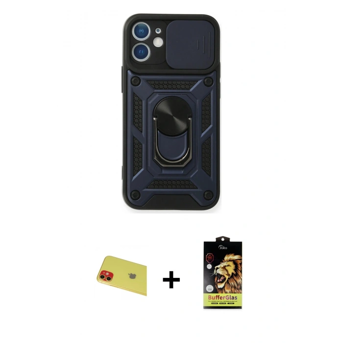 MARSİLYAN™- iPhone 11 Kılıf Ahenk Klasik - Siyah Buffer Cam Ekran Koruyucu + Rainbow Kamera Lens Koruma Cam - KI