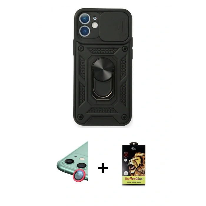 MARSİLYAN™- iPhone 11 Kılıf Ahenk Klasik - Siyah Buffer Cam Ekran Koruyucu + Raze Metal Kamera Lens - KI