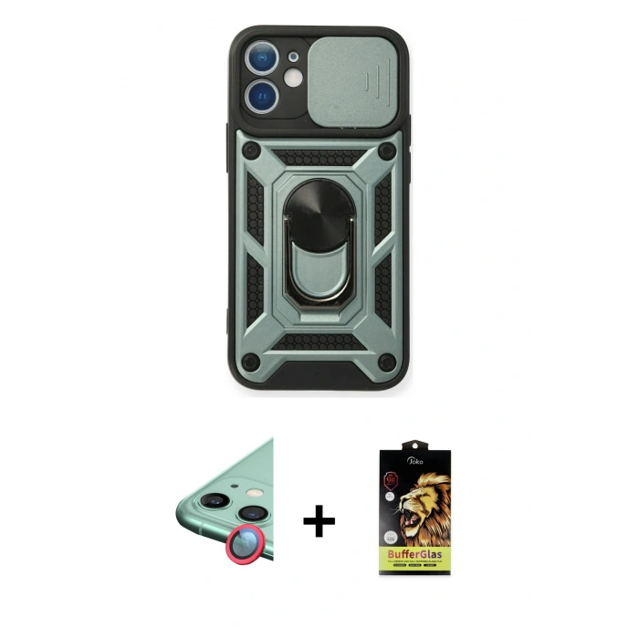 MARSİLYAN™- iPhone 11 Kılıf Ahenk Klasik - Siyah Buffer Cam Ekran Koruyucu + Raze Metal Kamera Lens - KI