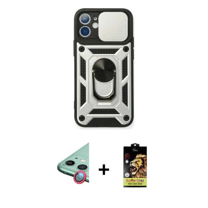 MARSİLYAN™- iPhone 11 Kılıf Ahenk Klasik - Siyah Buffer Cam Ekran Koruyucu + Raze Metal Kamera Lens - KI