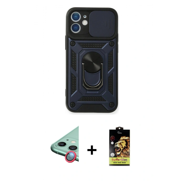 MARSİLYAN™- iPhone 11 Kılıf Ahenk Klasik - Siyah Buffer Cam Ekran Koruyucu + Raze Metal Kamera Lens - KI