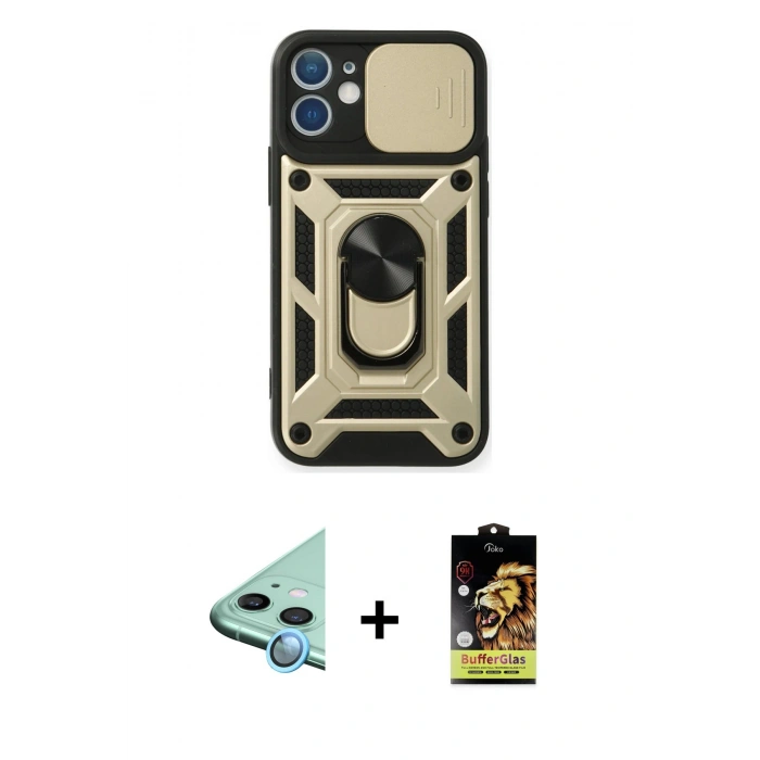 MARSİLYAN™- iPhone 11 Kılıf Ahenk Klasik - Siyah Buffer Cam Ekran Koruyucu + Raze Metal Kamera Lens - MI