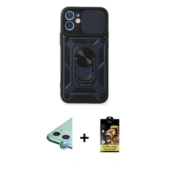 MARSİLYAN™- iPhone 11 Kılıf Ahenk Klasik - Siyah Buffer Cam Ekran Koruyucu + Raze Metal Kamera Lens - MI