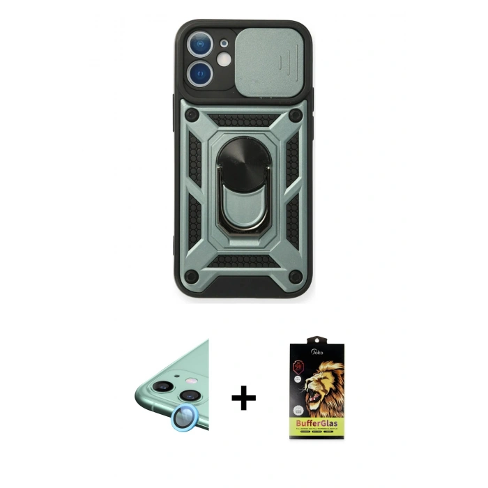 MARSİLYAN™- iPhone 11 Kılıf Ahenk Klasik - Siyah Buffer Cam Ekran Koruyucu + Raze Metal Kamera Lens - MI